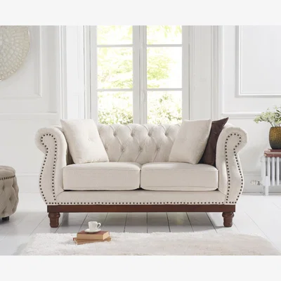 Oak&More Harrow Chesterfield Ivory Linen Fabric 2 Seater Sofa