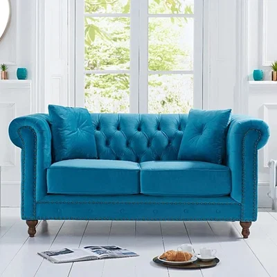 Oak&More Milano Chesterfield Teal Plush Velvet 2 Seater Sofa