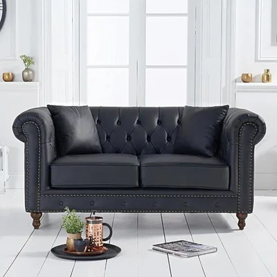 Oak&More Milano Chesterfield Black Leather 2 Seater Sofa