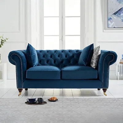 Oak&More Carrara Chesterfield Blue Velvet 2 Seater Sofa