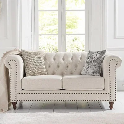 Oak&More Milano Chesterfield Ivory Linen 2 Seater Sofa