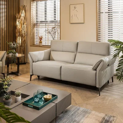 Quatropi Modern Powered Recliner 2 Seater Leather Sofa - Stone Beige 180cm