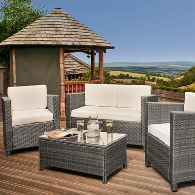 The Range 4 Piece Rattan Garden Furniture Set 2 Seater Sofa, Chairs - Grey
