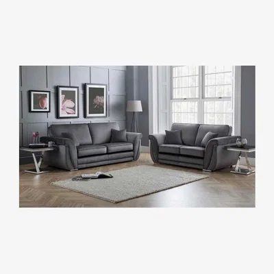 The Range Luca 3 and 2 Seater Full Back Sofa Set Velvet with Beading - Grey