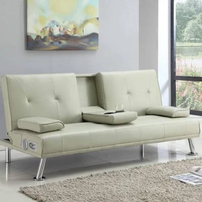 The Range Cream Faux Leather Bluetooth Cinema Sofa Bed with Drink Cup Holder