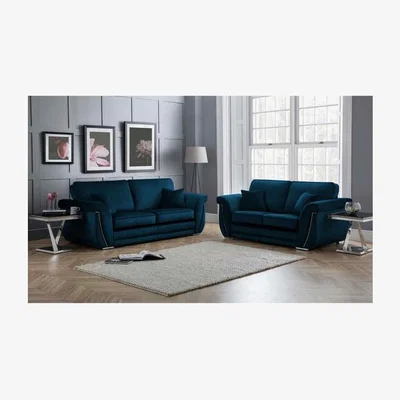 The Range Luca 3 and 2 Seater Full Back Sofa Set Velvet with Beading - Peacock