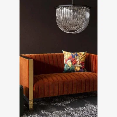 Rockett St George Retro 50's Style Burnt Orange Velvet 2 Seater Sofa With Gold Trim