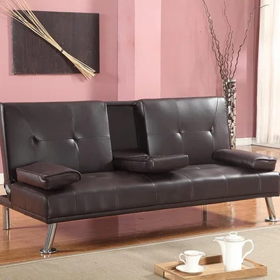 The Range Brown Faux Leather Italian Style Luxury Sofa Bed with Drink Cup Holder