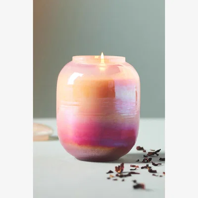 Anthropologie Iridescent Fruity Hibiscus & Pink Guava Glass Jar Candle