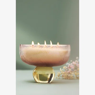 Anthropologie Pedestal Floral Peony Blush Glass Candle