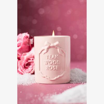 Anthropologie Gingham Bow Woody Teakwood Rose Ceramic Boxed Candle
