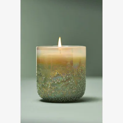 Anthropologie Elea Woody Mahogany Sage & Coconut Beaded Glass Candle
