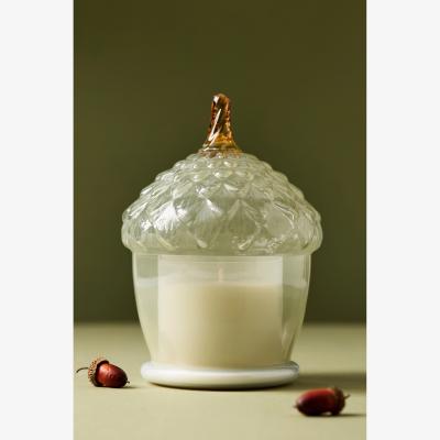 Anthropologie Acorn Woody Leather & Leaves Glass Cloche Candle