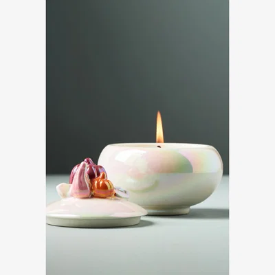Anthropologie Fall Figural White Birch & Pumpkin Ceramic Candle