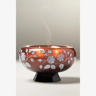 Anthropologie Fruity Honeycrisp & Oakwood Handpainted Pedestal Glass Candle