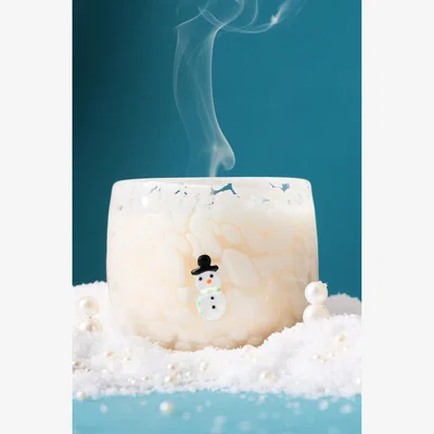 Anthropologie Snowman Pressed Bead Woody Vanilla Bean & Balsam Glass Candle
