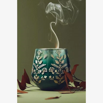Anthropologie Stella Etched Woody Leather & Leaves Glass Candle