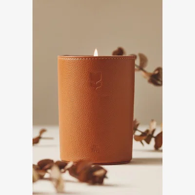 Anthropologie Icon Embossed Woody Leather & Leaves Glass Candle