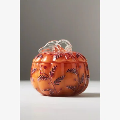 Anthropologie Handpainted Pumpkin Sweet Vanilla Glass Pumpkin Candle