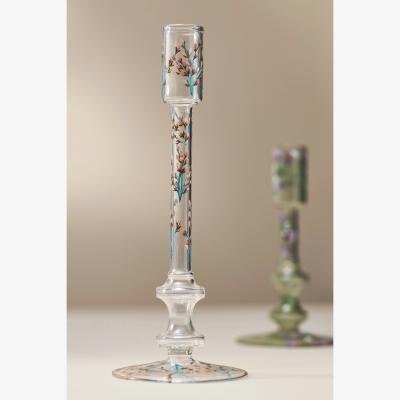 Anthropologie Floral Clear Glass Taper Candle Holder