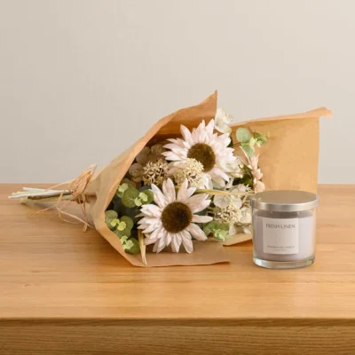 Dunelm Artificial Cream Sunflower Bouquet & Fresh Linen Candle Gift Set