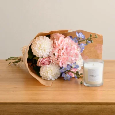 Dunelm Artificial Pastel Bouquet & Lime & Basil Candle Gift Set