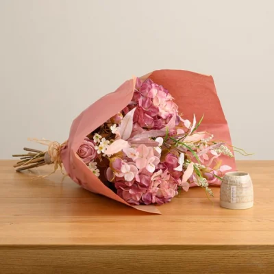 Dunelm Artificial Pink Dried Look Bouquet & Vanilla & Sandalwood Ceramic Candle Gift Set