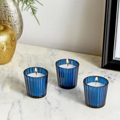 Dunelm Set of 3 Sandalwood & Patchouli Votive Candles Blue