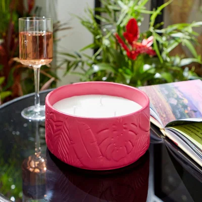 Dunelm Amazonia Embossed Pattern Citronella and Eucalyptus Oil Muti Wick Candle Magenta