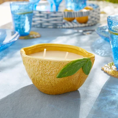 Dunelm Lemon Shaped Citronella and Eucalyptus Oil Muti Wick Candle Yellow
