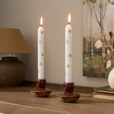Dunelm Set of 2 Pumpkin Print White Taper Candles