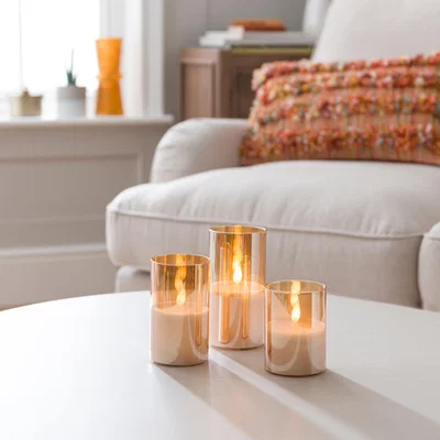 Dunelm Set of 3 LED Glass Pillar Candles Brown