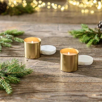 Dunelm Set of 2 Starlight Cashmere Amber Candles with Marble Lids Gold