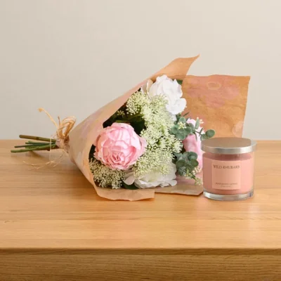 Dunelm Artificial Pink Peony Bouquet & Wild Rhubarb Candle Gift Set