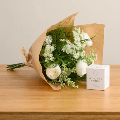 Dunelm Artificial Floral Foliage Bouquet & Black Plum & Amber Candle Gift Set