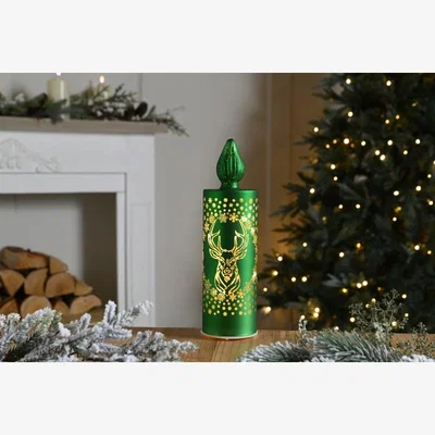 Downtown Festive Lit Glass Reindeer Candle - Green