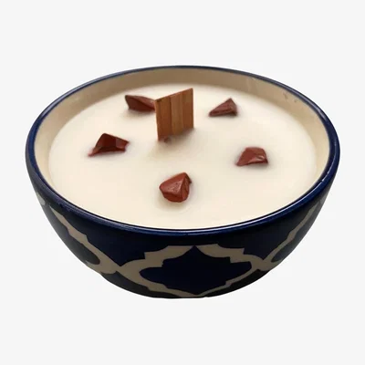 The Range Ceramic Bowl Candle - White / Cinnamon apple with Red Jasper gemstones