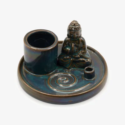 The Range Ceramic Buddha Incense Plate with Holders, Meditation - Blue