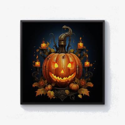 The Range Spooy Pumpkin With Leaves And Small Candles Canvas Print - Orange / 76.2cm / Black Frame