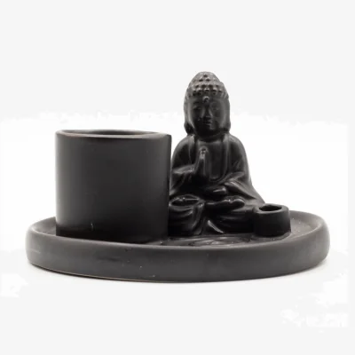 The Range Multi Purpose Ceramic Buddha Incense Plate, Matte Black Ash Holder - Black
