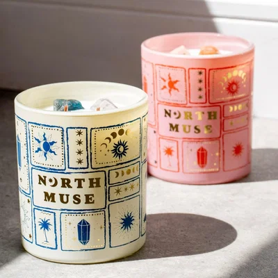 Wolf & Badger Blue / White / Pink Crystal Cove Sea Salt & Sage + Mystic Rose Candles | North Muse