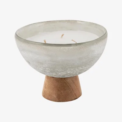 Amara Retreat - Wood Base Cloudy Glass Candle - Small