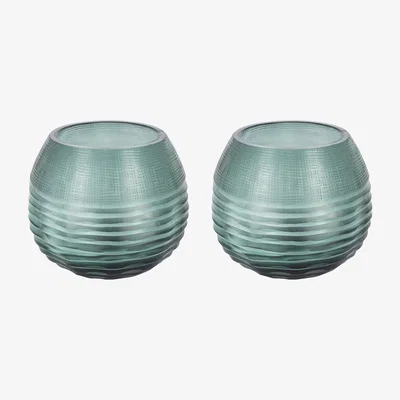 Amara Retreat - Striped and Ribbed Glass Tealight Holder - Set of 2 - Green