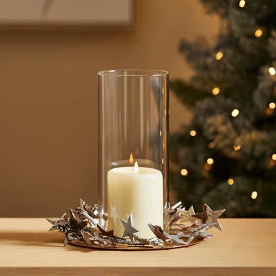 Dunelm Silver Stars Glass Pillar Holder Silver