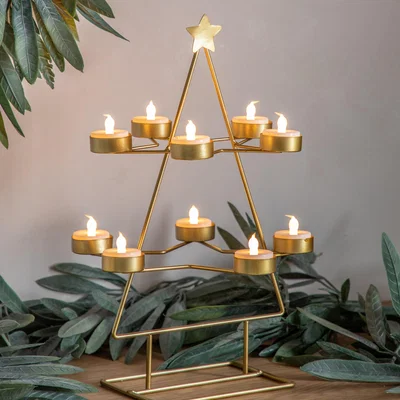 Dunelm Layered Festive Tree Candle Holder Gold