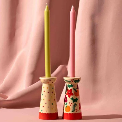 Dunelm Raspberry Blossom Set of 2 Candlesticks MultiColoured
