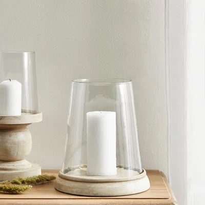 Dunelm Churchgate Wood Glass Hurricane 32cm Natural