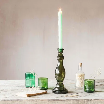 Graham & Green Green Glass Column Candle Holder