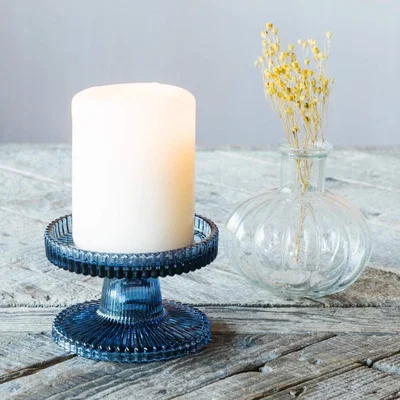 Graham & Green Graham and Green Ribbed Blue Glass Candle Holder