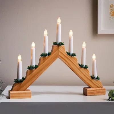 Homebase 7 LED Natural Wooden Traditional Christmas Candle Bridge (Battery Operated)